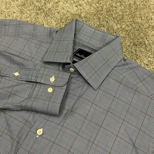 David Donahue Dress Shirt Trim Fit 16 34/35 Blue Brown Glen Plaid Cotton Mens